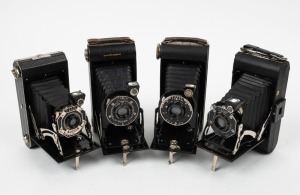 KODAK: Four c. early 1930s vertical-folding cameras - one Six-20 Kodak with Art Deco body styling, one Kodak Junior Six-20 Series II, and two Six-20 Kodak Junior models with differing lens and shutter details. (4 cameras)