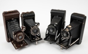 KODAK: Four c. early 1940s vertical-folding cameras - one No. 1A Pocket Kodak in brown leather, one Vigilant Junior Six-16, one Six-16 Kodak Jnr., and one Junior 616. (4 cameras)