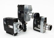 BELL & HOWELL: Three 8mm movie cameras - one Duolex-S with hand grip and lens hood, one Autoload 8 in black with hand grip, and one Director Series Zoomatic. (3 movie cameras)