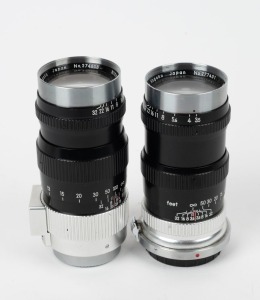 NIPPON KOGAKU: Two c. 1950s Nikkor-Q 135mm f3.5 lenses [#274808 & #277431] in black and chrome, one with Leica thread mount and one with bayonet mount, both with rear caps. (2 items)