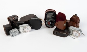 HANIMEX SEKONIC: Nine light meters in leather cases - two Sekonic L-8 models, two Sekonic Sydney Fotek Corporation models, one Sekonic L-III, one Sekonic Auto-Lumi, one Sekonic Model II, one Hanimex PR-60, and one Sekonic meter without specific model desi