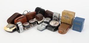 VARIOUS MANUFACTURERS: Seventeen light meters, seven in maker's boxes or leather cases - Argus LC3, Walz Coronet B, Walz Corona, two different Dejur-Amsco models, two different Astron models, Koden Movie Meter and EV-LV meter, Polyco Mini-Meter, Calibra, Sportsman Auto TK-62, Norwood Super-Director, AGFA Lucimeter S, two Polaroid #635 meters, and one Etalon Automat-A together with booster cell accessory. (18 items)