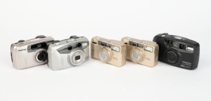 ASAHI KOGAKU: Five c. 1990s Pentax compact cameras - two gold-body Espio 150 SL models [#5103712 & #4983749], one Espio 105s [#3491481], one Espio 738s [#2572462], and one black-body IQZoom EZY [#7151430]. (5 cameras)