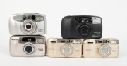 ASAHI KOGAKU: Five c. 1990s Pentax compact cameras - two gold-body Espio 150 SL models [#5103712 & #4983749], one Espio 105s [#3491481], one Espio 738s [#2572462], and one black-body IQZoom EZY [#7151430]. (5 cameras) - 2