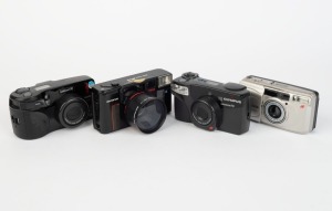 OLYMPUS: Four c. 1990s compact cameras - one black Superzoom 70 [#5147351], one silver Superzoom 80g [#6503378], one black Superzoom 110 [#1680900], and one black Quick Flash AFL-S [#1439369]. (4 cameras)