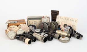VARIOUS MANUFACTURERS: An accumulation of twenty-two photography accessories, including three c. 1900s Watkin's Bee Exposure Meters in maker's boxes with printed materials, three c. 1905 Heydes Aktino Photo Meters, one c. 1900s Wynne's Infalliable Exposure Meter, four Practos extinction light meters, two Norwood Spreedrite exposure meters, one Watson Victor Enlarger Densiometer in maker's box, and others. (22 items)