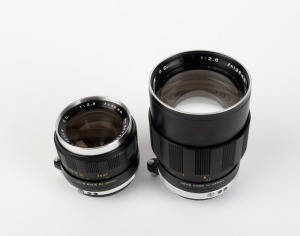 MAMIYA: Two black Mamiya-Sekor F.C. lenses with rear caps - one 35mm f2.8, and one 135mm f2.8. (2 items)