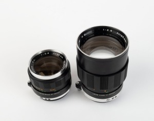MAMIYA: Two black Mamiya-Sekor F.C. lenses with rear caps - one 35mm f2.8, and one 135mm f2.8. (2 items)