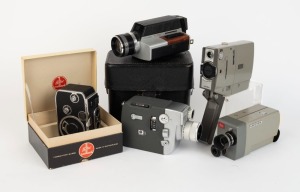 VARIOUS MANUFACTURERS: Five 8mm movie cameras - one Bolex Paillard B8 [#549354] in maker's box, one Canon Motor Zoom 8 EEE [#155697] in maker's leather case with hand grip, wrist strap, and instruction booklet, one Kodak XL350, one Leitz Leicina [#15405],