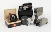 VARIOUS MANUFACTURERS: Five 8mm movie cameras - one Bolex Paillard B8 [#549354] in maker's box, one Canon Motor Zoom 8 EEE [#155697] in maker's leather case with hand grip, wrist strap, and instruction booklet, one Kodak XL350,&nbsp;one Leitz Leicina&nbsp;[#15405],