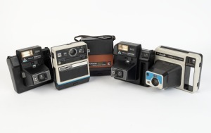 KODAK: Five c. late 1970s instant film cameras - one Colorburst 200 with wrist strap, one Kodak EK4, two Trimprint 940 models, and one 'The Handle'. (5 cameras)