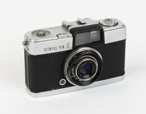 OLYMPUS: Black and chrome Olympus-Pen S half-frame camera, c. 1960, with D. Zuiko 30mm f2.8 lens.