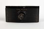 PURMA: Three c. 1937 Purma Special black Bakelite viewfinder cameras, one with lens cap, and one with lens cap, leather case, and instruction booklet, together with one lens hood in maker's box and two lens filters also&nbsp;in maker's boxes. (7 items) - 2