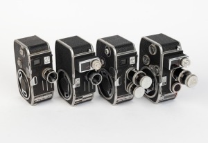 BOLEX PAILLARD: Four c. 1950s double-8 movie cameras - one B8 [#504553] with two lenses and lens caps, one B8L [#855115] with one lens and lens cap, one C8 [#548607] with one lens, and one C8SL [#750772] with one lens. (4 movie cameras)