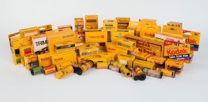 KODAK: An accumulation of seventy-three expired camera film products, most of them boxed, including various types of 35mm film, 110 film, 120 film, 126 film, and instant film, among other formats. (73 items)