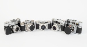 BRAUN: Five black and chrome c. 1950s 35mm cameras - one Paxette Reflex IB, one Paxette Super III with front lens cap, one Paxette Super II BL, one Paxette, and one Super Paxette with front lens cap. (5 cameras)