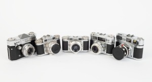 BRAUN: Five black and chrome c. 1950s 35mm cameras - one Paxette Reflex IB, one Paxette Super III with front lens cap, one Paxette Super II BL, one Paxette, and one Super Paxette with front lens cap. (5 cameras)