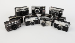 VARIOUS MANUFACTURERS: An accumulation of eleven 126 cartridge cameras - one Boots Pakmatic, one Hanimex Loadmatic C, one Kodak 56x Instamatic, one Kodak 76x Instamatic, one Kodak 77X Instamatic with wrist strap, one Kodak 233-X Instamatic, one Kodak Instamatic 100, one Kodak Instamatic 124, one Kodak Instamatic 233 with maker's box and instruction booklet, one Kodak Instamatic 304, and one Kodak Instamatic 314. (11 cameras)
