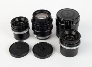 KIEV ARSENAL: Three c. 1990 bayonet-mount Soviet reproduction lenses - one Jupiter-9 85mm f2 [#8900407] with front and rear caps, one Jupiter-12 35mm f2.8 [#9110300] with front and rear caps in maker's plastic case, and one Jupiter-12 35mm f2.8 [#7001068]