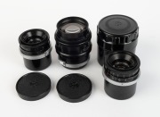 KIEV ARSENAL: Three c. 1990 bayonet-mount Soviet reproduction lenses - one Jupiter-9 85mm f2 [#8900407] with front and rear caps, one Jupiter-12 35mm f2.8 [#9110300] with front and rear caps&nbsp;in maker's plastic case, and one Jupiter-12 35mm f2.8 [#7001068]