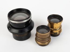 UNKNOWN: Three c. late 1880s brass lenses without identifying markings - one 100mm in height with approx. 72mm lens diameter, one 70mm in height with approx. 40mm lens diameter, and one 60mm in height with approx. 32mm lens diameter. (3 items)