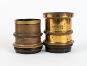 UNKNOWN: Three c. late 1880s brass lenses without identifying markings - one 100mm in height with approx. 72mm lens diameter, one 70mm in height with approx. 40mm lens diameter, and one 60mm in height with approx. 32mm lens diameter. (3 items) - 2