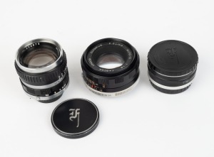 OLYMPUS: Three lenses - one Ace bayonet mount E. Zuiko-T 80mm f5.6 [#306875] with front and rear caps, one F. Zuiko Auto-S 50mm f1.8 [#104330], and one OF Auto Teleplus 2x with front and rear caps. (3 items)