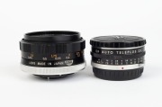 OLYMPUS: Three lenses - one Ace bayonet mount E. Zuiko-T 80mm f5.6 [#306875] with front and rear caps, one F. Zuiko Auto-S 50mm f1.8 [#104330], and one OF Auto Teleplus 2x with front and rear caps. (3 items) - 2