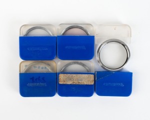 VOIGTLÄNDER: Five 40.5mm chrome AR lens filters in plastic maker's cases - one 343/41 Focar A, one 344/41 Focar B, one 345/41 Focar C, one 325/41 SF, and one 347/41 portrait lens. (5 items)