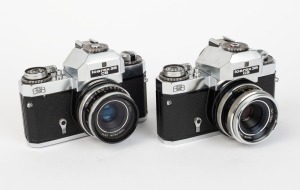 ZEISS IKON: Two c. 1968 Icarex 35 CS SLR cameras with rubber eye cup attachments - one with Color-Pantar 50mm f2.8 lens [#7037195] and Zeiss Ikon B50 UV filter, and one [#N 17979] with Tessar 50mm f2.8 lens [#7118165]. (2 cameras)