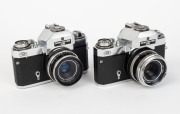 ZEISS IKON: Two c. 1968 Icarex 35 CS SLR cameras with rubber eye cup attachments - one with Color-Pantar 50mm f2.8 lens [#7037195] and Zeiss Ikon B50 UV filter, and one [#N 17979] with Tessar&nbsp;50mm f2.8 lens [#7118165]. (2 cameras)