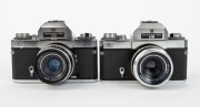 ZEISS IKON: Two c. 1968 Icarex 35 CS SLR cameras with rubber eye cup attachments - one with Color-Pantar 50mm f2.8 lens [#7037195] and Zeiss Ikon B50 UV filter, and one [#N 17979] with Tessar&nbsp;50mm f2.8 lens [#7118165]. (2 cameras) - 2