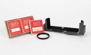ALPA: Four camera accessories - three Alpa Reflex 'Panchro' lens filters in maker's boxes (one Filtrabe 40 1¼ UV, one Filtrabe 82A 1¼ blue with instruction sheet, and one Filtrabe 85 2 orange, also with instruction sheet), together with one c. 1952 USCONG