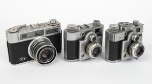 SANEI: Three late-1950s rangefinder cameras - one Samoca 35 Super [#590027] with Ezumar 50mm f3.5 lens, one Samoca 35 Super X [#595692] with Ezumar 50mm f3.5 lens and built-in selenium meter, and one Samoca LE-II [#952154] with Samocar 50mm f2.8 lens [#26