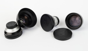 NIPPON KOGAKU: Four Nikkorex lenses - one black and chrome Nikkorex-Wide f5.6 with front and rear caps, one all black Nikkorex-Tele f5.6 with front and rear caps, and two black and chrome Nikkorex-Tele f5.6 lenses, one with Nikkorex lens hood and one with