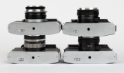 OLYMPUS: Four early-1960s rangefinders cameras - one Olympus Auto Eye [#130094] with D. Zuiko 45mm f2.8 lens [#132604], one Olympus Auto Eye II [#114235] with D. Zuiko 43mm f2.5 lens, one Olympus-S Electro Set [#103171], and one Olympus-SC [#144311] with - 5