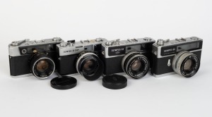 OLYMPUS: Four late-1960s rangefinder cameras - one Olympus-SC [#114769] with G. Zuiko 42mm f1.8 lens and lens cap, one Olympus-35 LE [#106112] with G. Zuiko 42mm f1.7 lens, one Olympus-35 LC [#142324] with G. Zuiko 42mm f1.7 lens and lens cap, and one Oly