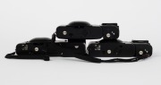 OLYMPUS: Three black-body compact cameras with attached wrist straps - one 1979 Olympus XA [#4465952] with F. Zuiko 35mm f2.8 lens and A16 flash unit, one 1979 Olympus XA-1 [#4802067] with D. Zuiko 35mm f4 lens and A11 flash unit, and one 1982 Olympus XA- - 2