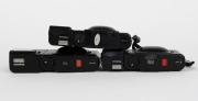 OLYMPUS: Three black-body compact cameras with attached wrist straps - one 1979 Olympus XA [#4465952] with F. Zuiko 35mm f2.8 lens and A16 flash unit, one 1979 Olympus XA-1 [#4802067] with D. Zuiko 35mm f4 lens and A11 flash unit, and one 1982 Olympus XA- - 5
