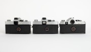 MINOLTA: Three SLR cameras - one c. 1962 Minolta SR-7 [#2393245] with Auto Rokkor-PF 53mm f2 lens [#1004720], one c. 1973 Minolta SRT-303 [#3060747] with MD Rokkor 50mm f1.7 lens [#2033565], and one c. 1975 Minolta SRT-100b [#8332984] with MC Rokkor-PF 50 - 3