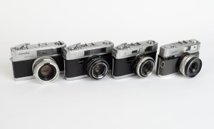 MINOLTA: Four black and chrome rangefinder cameras - one c. 1959 Minolta A3 [#107799] with Rokkor-TE 45mm f2.8 lens [#1109470], one c. 1964 Minolta Uniomat III [#406766] with Rokkor 45mm f2.8 lens, one c. 1966 Minolta A5 [#432355] with Rokkor 45mm f2.8 le