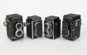 RIKEN: Four circa 1950s TLR cameras - one Ricohflex Model IIIB with Ricoh&nbsp;80mm f3.5 lens [#91000C.], one Super Ricohflex&nbsp;with Ricoh 80mm f3.5 [#618847] and lens cap, one Ricohflex Dia [#65974] with Riconar 80mm f3.5 lens [#60706], and one Ricoh&nbsp;Diacord G 