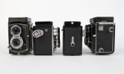 RIKEN: Four circa 1950s TLR cameras - one Ricohflex Model IIIB with Ricoh&nbsp;80mm f3.5 lens [#91000C.], one Super Ricohflex&nbsp;with Ricoh 80mm f3.5 [#618847] and lens cap, one Ricohflex Dia [#65974] with Riconar 80mm f3.5 lens [#60706], and one Ricoh&nbsp;Diacord G - 2