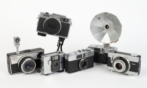 RIKEN: Six c. 1960s chrome-body cameras - one Ricoh Auto Shot, one Ricoh Caddy, one Ricoh Caddy with lens cap and BC-605 flash unit, one Ricoh Auto Half [#321569], one Ricoh 126-C EE [#205861] with Ricoh self-timer attachment, and one Ricohmatic 126 with 