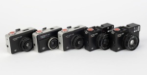 AGFA: Five c. 1970s compact cameras - one Agfamatic 100 Sensor, two Agfamatic 208 Sensors, one black Optima 1035 Sensor, and one black Optima 335 Sensor. (5 cameras)