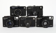 AGFA: Five c. 1970s compact cameras - one Agfamatic 100 Sensor, two Agfamatic 208 Sensors, one black Optima 1035 Sensor, and one black Optima 335 Sensor. (5 cameras) - 2