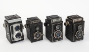 WELTA: Four&nbsp;early 1950s TLR cameras - one Reflekta&nbsp;with ROW Pololyt 75mm f3.5 lens [#575268] and Blitz I shutter, one Reflekta II with Meritar&nbsp;V 75mm f3.5 lens [#704731] and Junior shutter, one Weltaflex with Trioplan 75mm f3.5 lens [#1808123] and Prontor