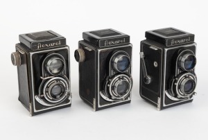 MEOPTA: Three early-1950s made-in-Czechoslovakia TLR cameras - one Flexaret II with Mirar 80mm f4.5 lens and Prontor-S shutter, one Flexaret III with Mirar 80mm f3.5 lens and Prontor-S shutter, and one Flexaret IV with Mirar 80mm f3.5 lens and Prontor-S s