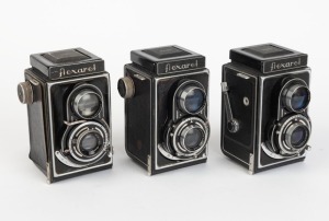 MEOPTA: Three early-1950s made-in-Czechoslovakia TLR cameras - one Flexaret II with Mirar 80mm f4.5 lens and Prontor-S shutter, one Flexaret III with Mirar 80mm f3.5 lens and Prontor-S shutter, and one Flexaret IV with Mirar 80mm f3.5 lens and Prontor-S shutter. (3 cameras)