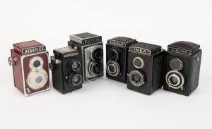 VARIOUS MANUFACTURERS: Six mid-20th century TLR cameras - one Atak Inka, one Atoms Aiglon Reflex I, one GOMZ Lubitel with Cyrillic lettering, one Tokiwa Firstflex I, one rare red Haking Kinoflex Super Reflex, and one Rosko Bedfordflex. (6 cameras)